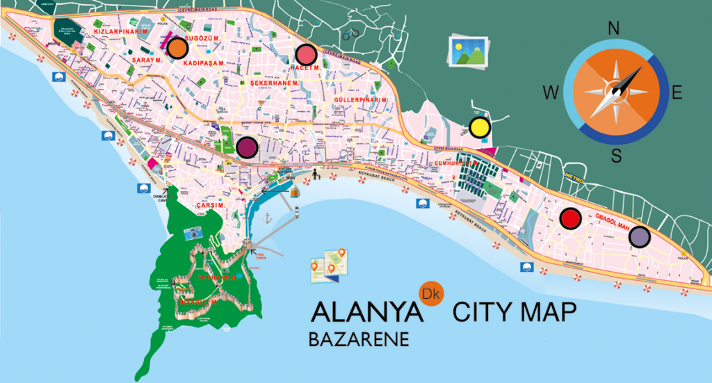 Bykort over Alanyas Bazarer, bykort over bazar, bykort over bazar alanya, bykort over alanya, Bazar i alanya, bazar alanya, hvor er der bazar i alanya, hvilke dage er der bazar i alanya.