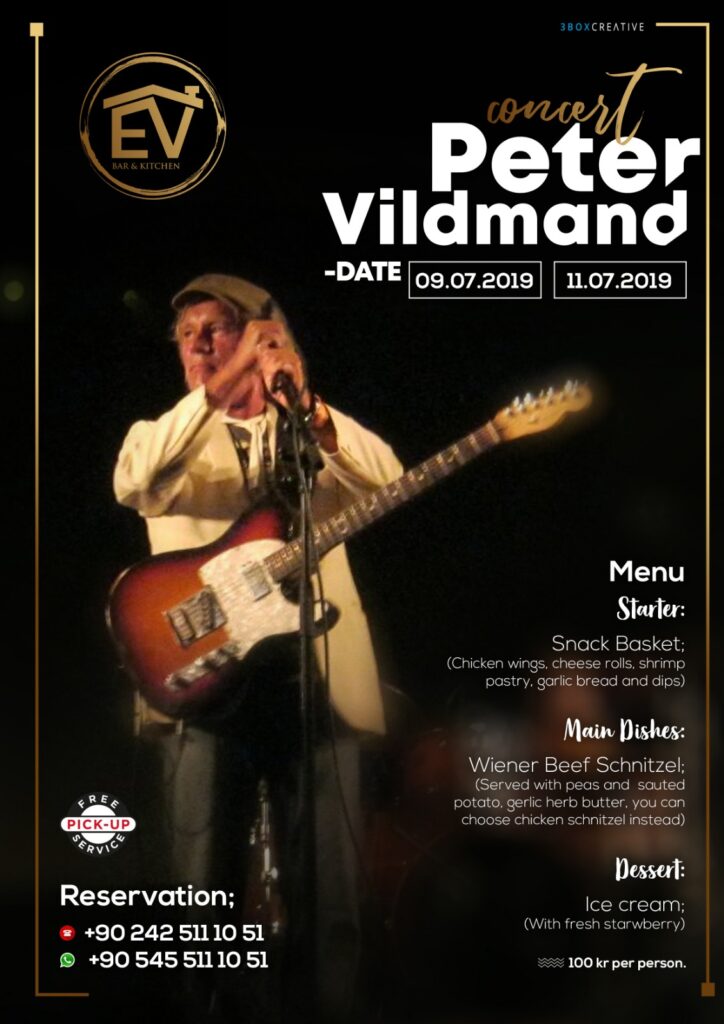 Peter vildman, peter vildman alanya, koncert med peter vildman, koncerter i alanya, alanya koncerter, ev restaurant, alanya ev restaurant