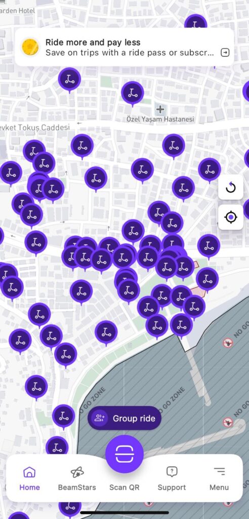 Beam,løbehjul i alanya, beamløbehjul, transport, lilla beam, elektrisk løbehjul, grønt alternativ, bæredygtig løbehjul-kort-map.