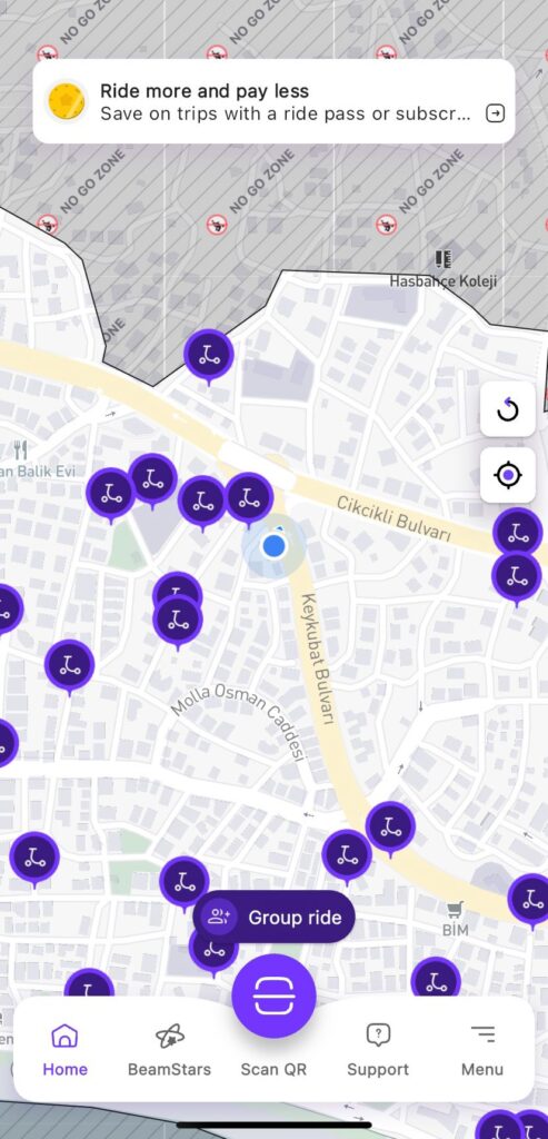 Beam,løbehjul i alanya, beamløbehjul, transport, lilla beam, elektrisk løbehjul, grønt alternativ, bæredygtig løbehjul-kort-map.