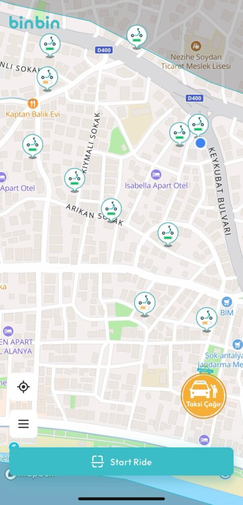 Bin Bin,løbehjul i alanya, beamløbehjul, transport, lilla beam, elektrisk løbehjul, grønt alternativ, bæredygtig løbehjul-kort-map.