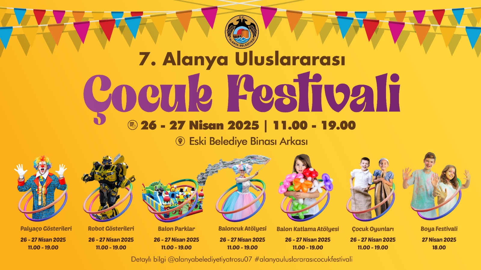 Børnenes Festival i Alanya 2025, international børnefestival i Tyrkiet, aktiviteter for børn i Alanya, festival ved det gamle rådhus i Alanya, forårsfestival i Alanya centrum, begivenheder i Alanya april 2025, Alanya festivaler