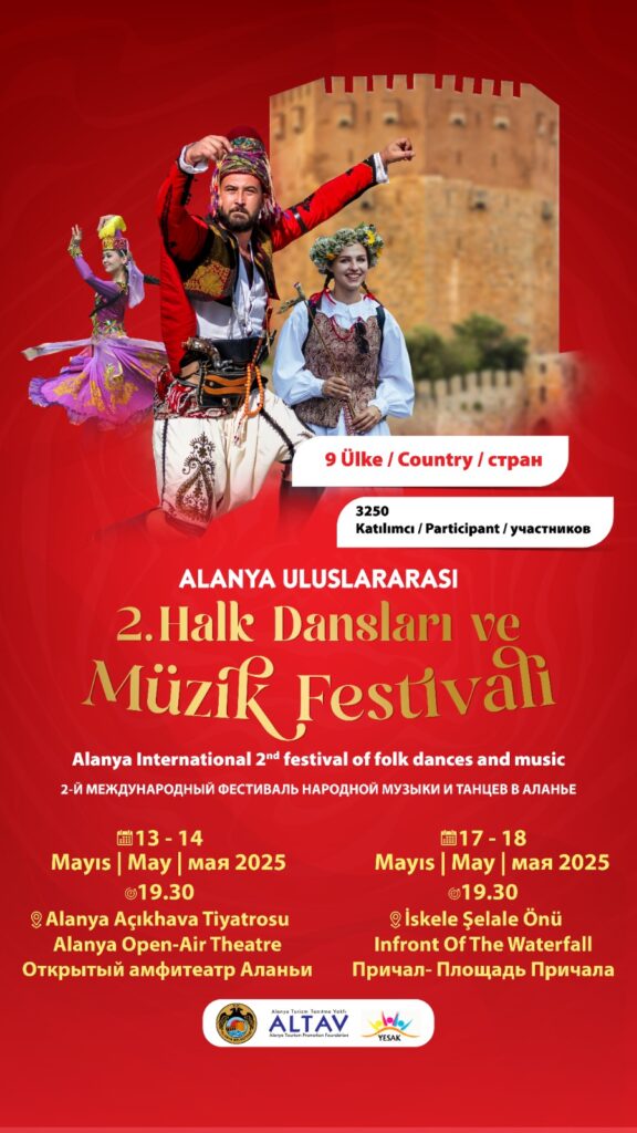 Internationale Folkedans- og Musikfestival i Alanya, Alanya folkedans festival, musikfestival i Alanya, international kulturbegivenhed i Tyrkiet, dans og musik fra hele verden, kulturelle oplevelser i Alanya, traditionel folkedans på scenen, Alanya Open Air Theatre, gratis arrangementer i Alanya, Alanya maj festival, Alanya festivaler,